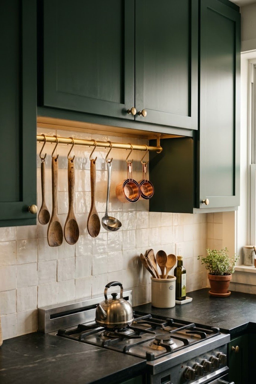 Brass rail with hanging utensils under green kitchen cabinets