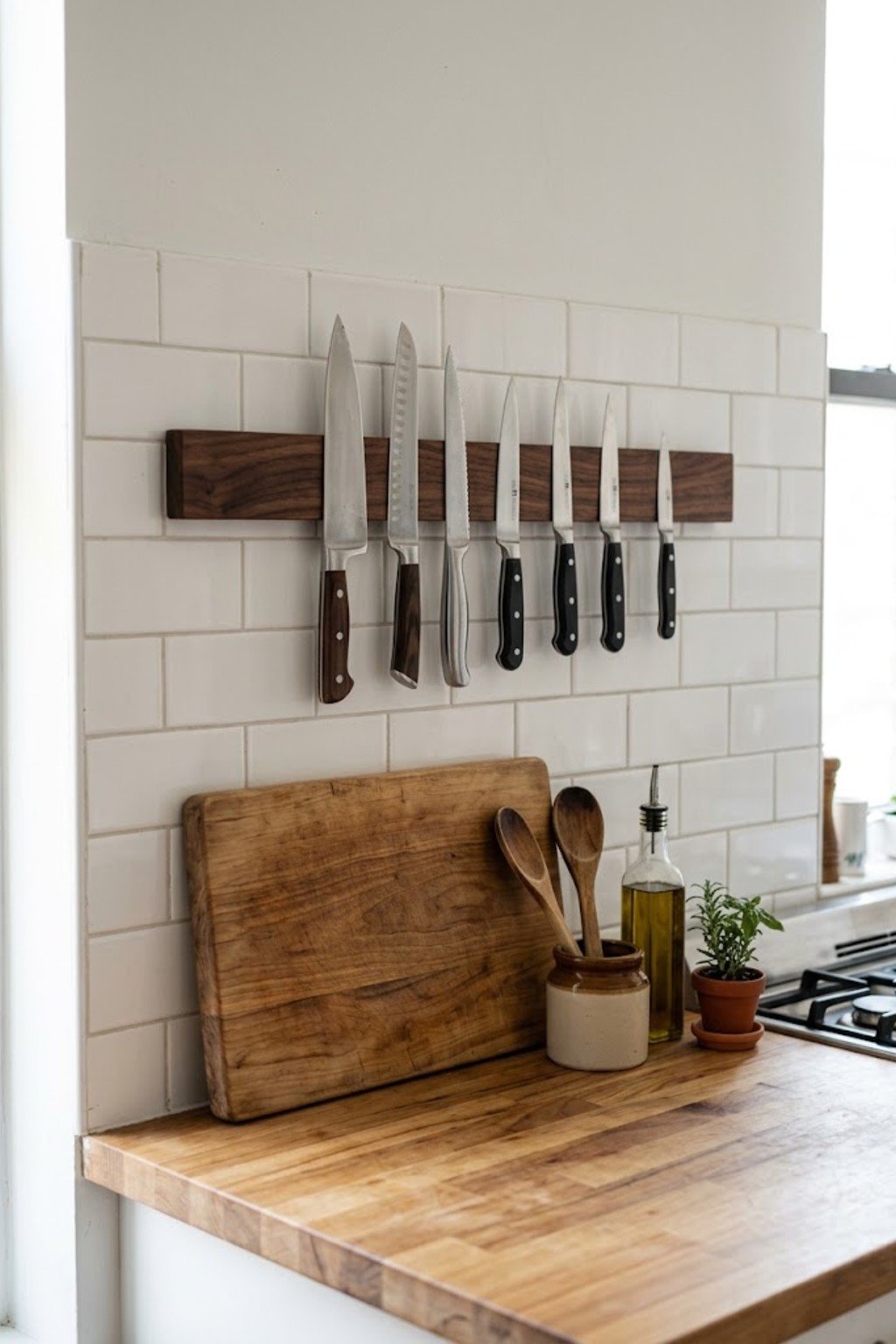 Walnut magnetic knife strip holding knives on a white backsplash