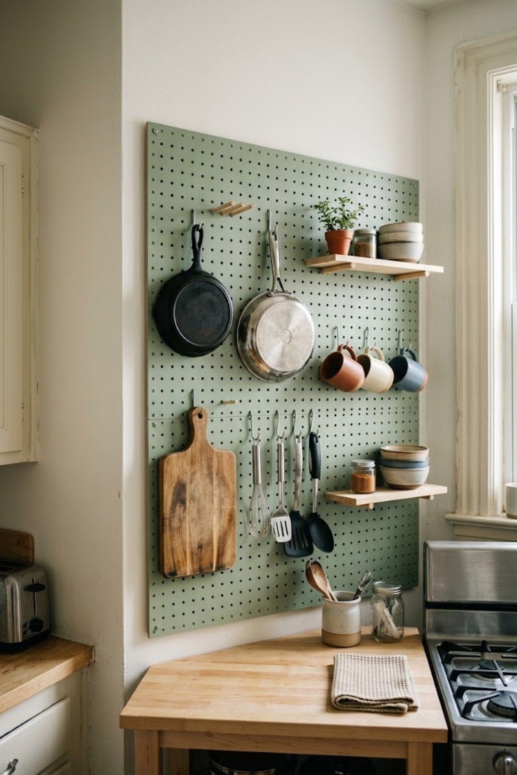 Sage green kitchen pegboard holding pans and utensils