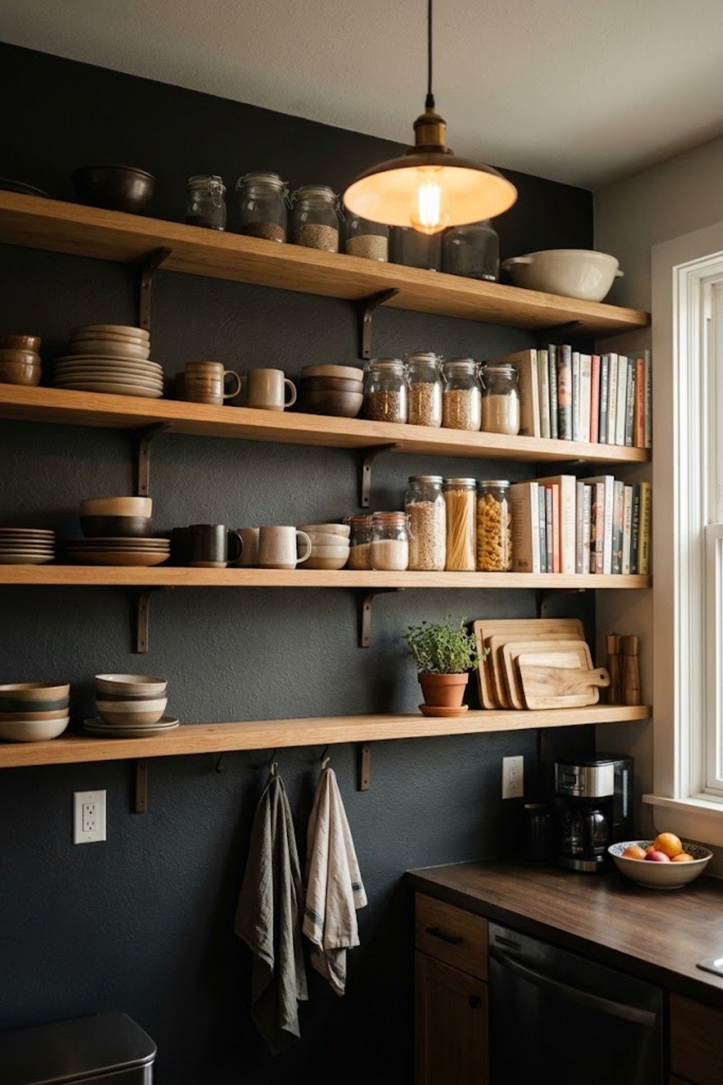 Oak shelves from counter to ceiling on a charcoal kitchen wall
