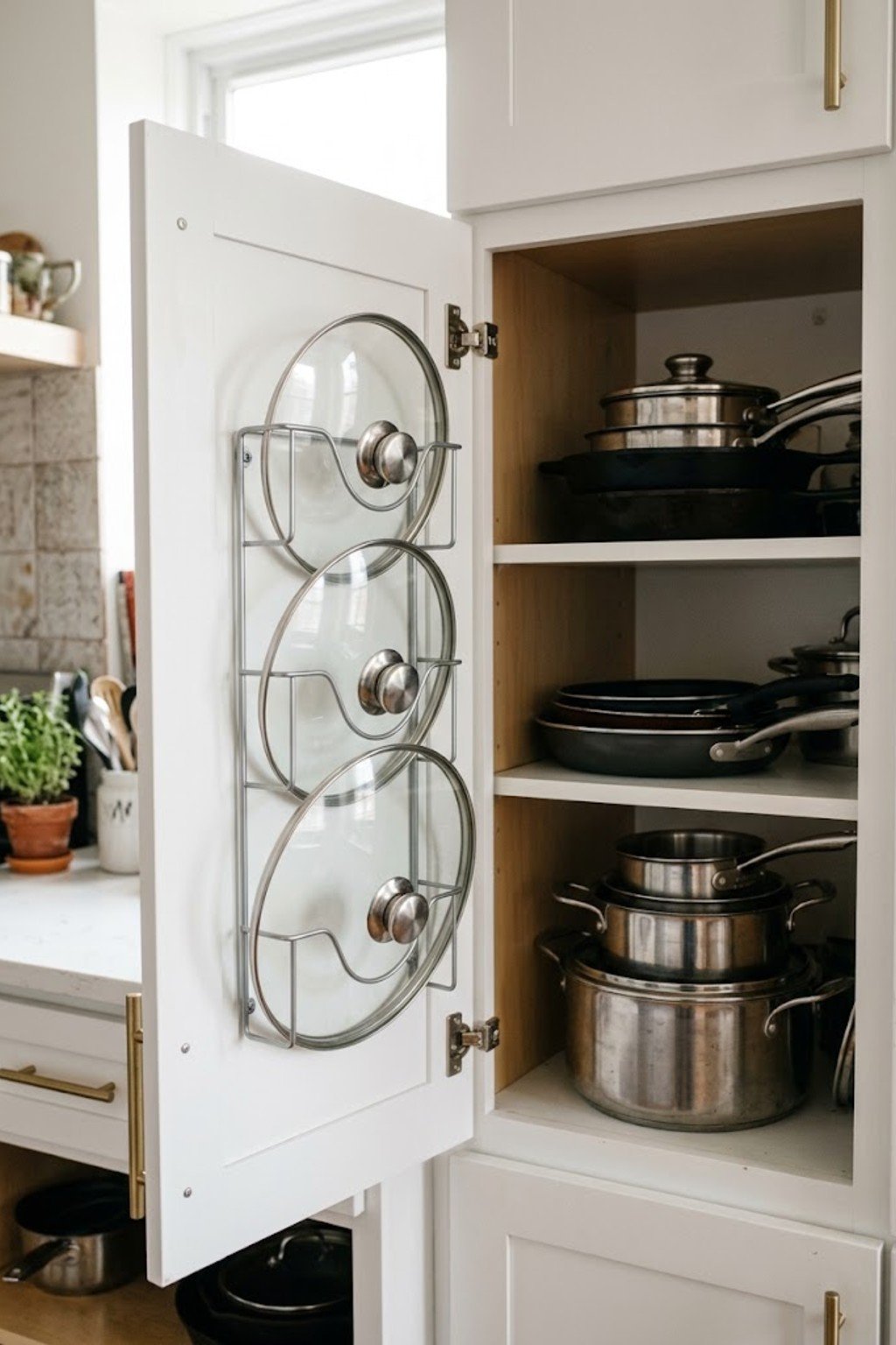 Pot lid rack mounted inside a white cabinet door
