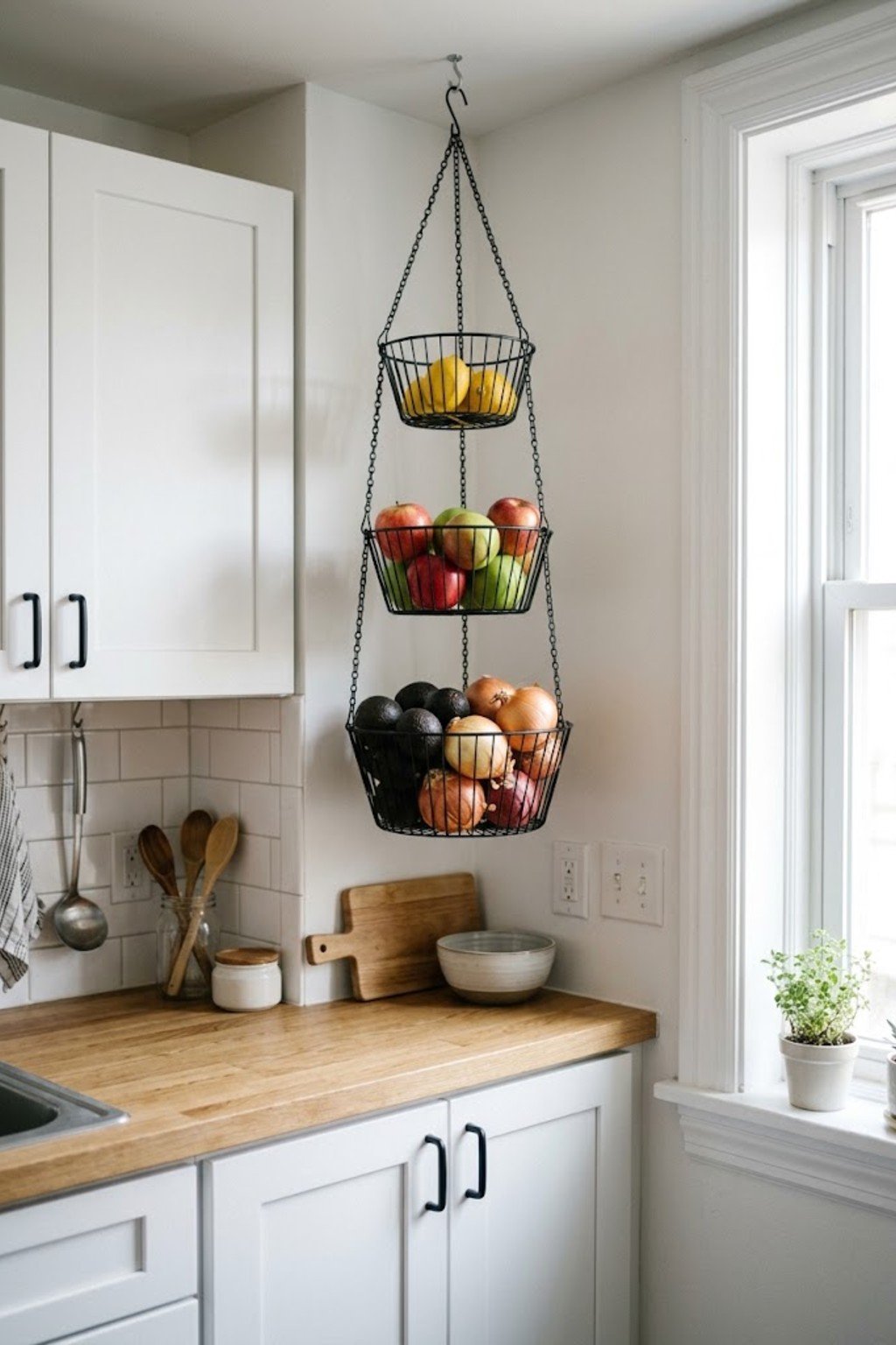 Three-tier hanging fruit basket in a small kitchen corner