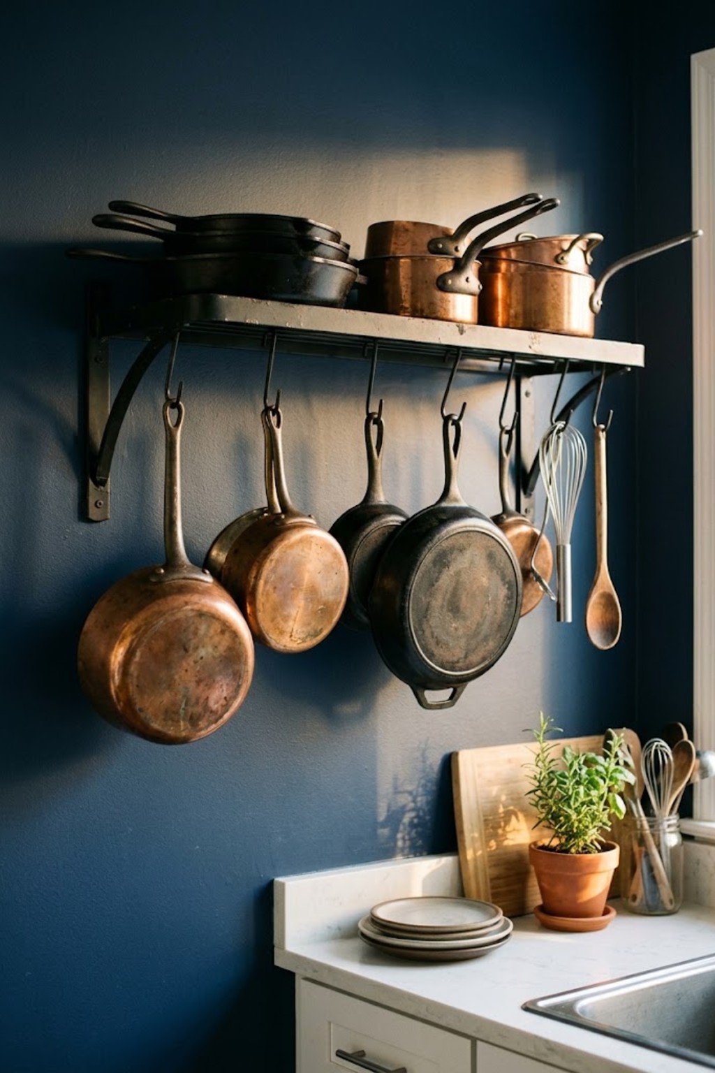 Iron wall pot rack holding skillets on a navy kitchen wall