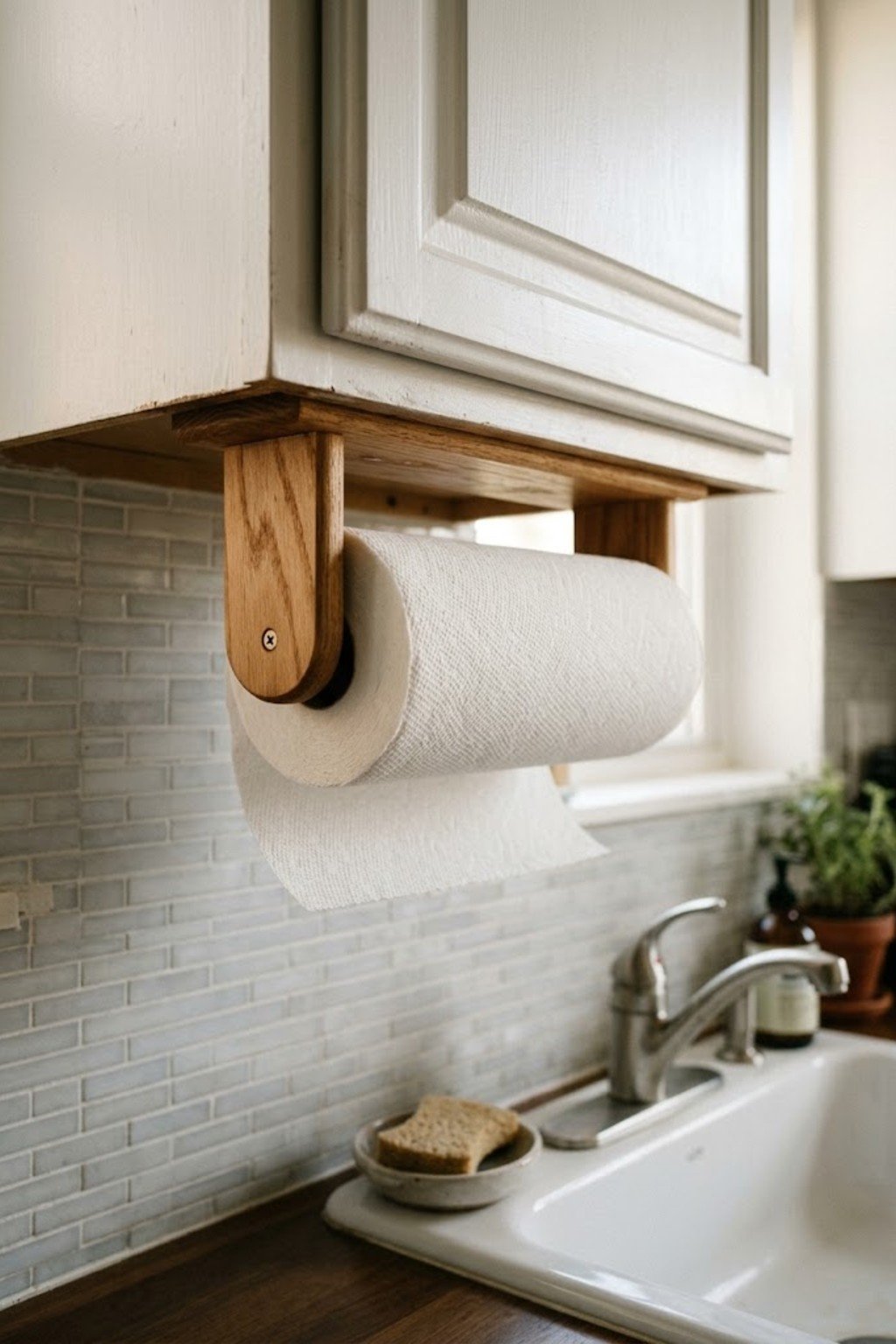 Under-cabinet paper towel holder near a kitchen sink