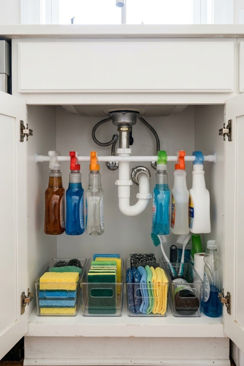 Tension rod holding spray bottles under a kitchen sink