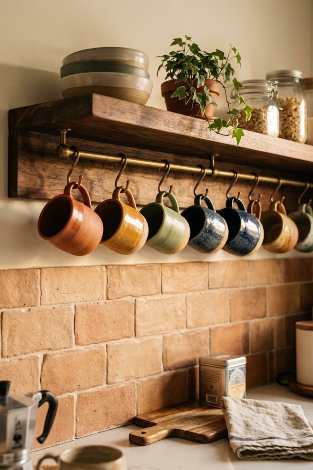 Ceramic mugs hanging on hooks under a wood shelf