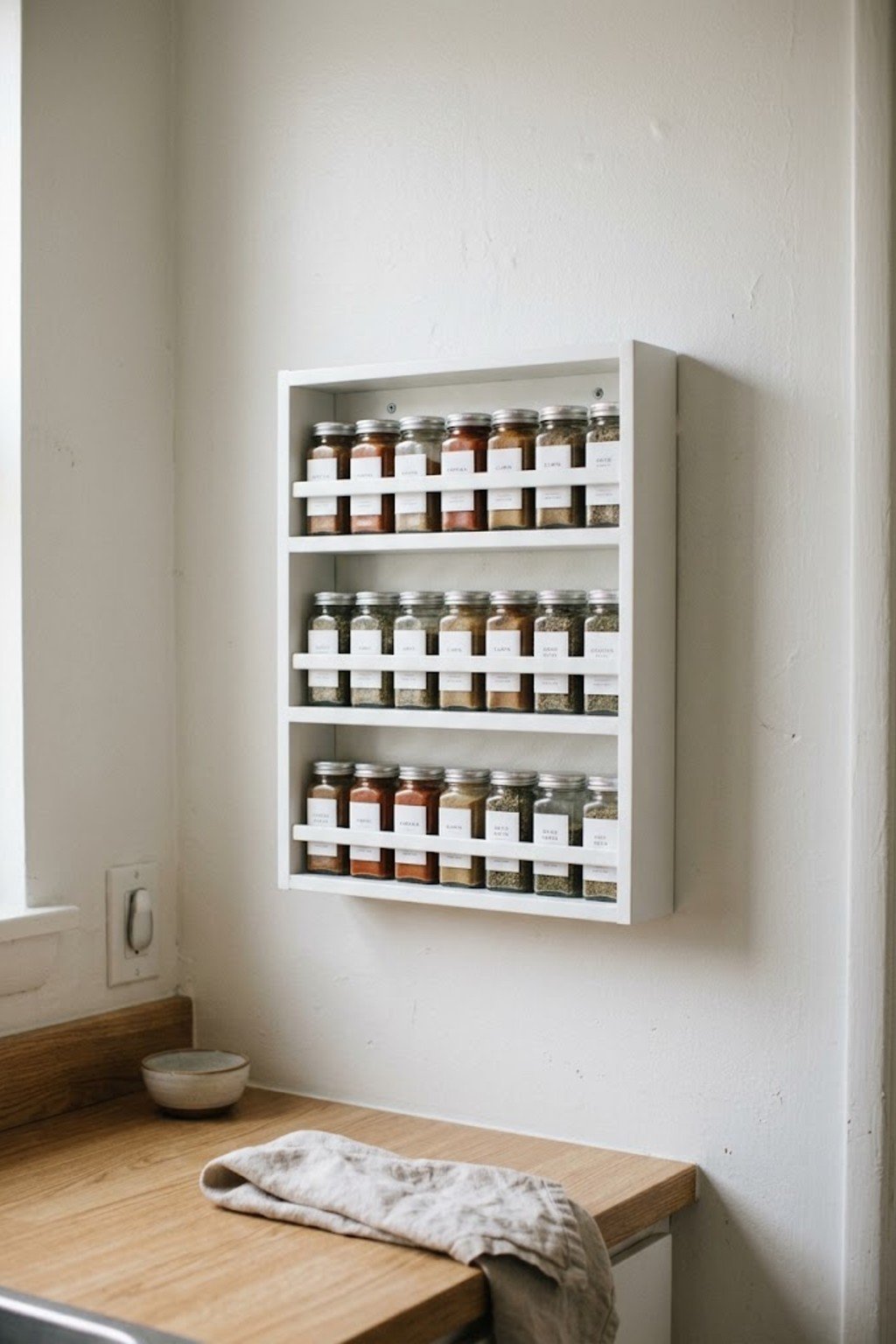 Wall-mounted spice rack with labeled glass jars