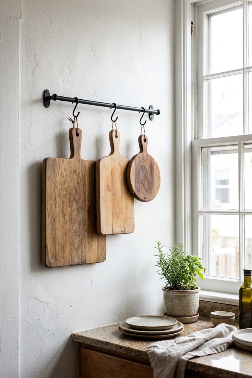 Wooden cutting boards hanging on a rail on a white kitchen wall