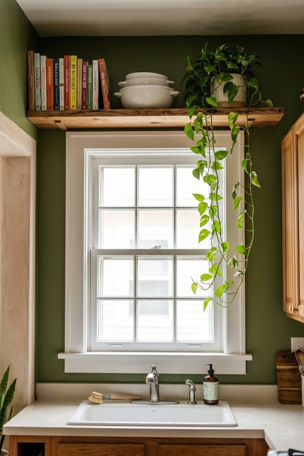 Wooden shelf above a kitchen window with cookbooks and bowls