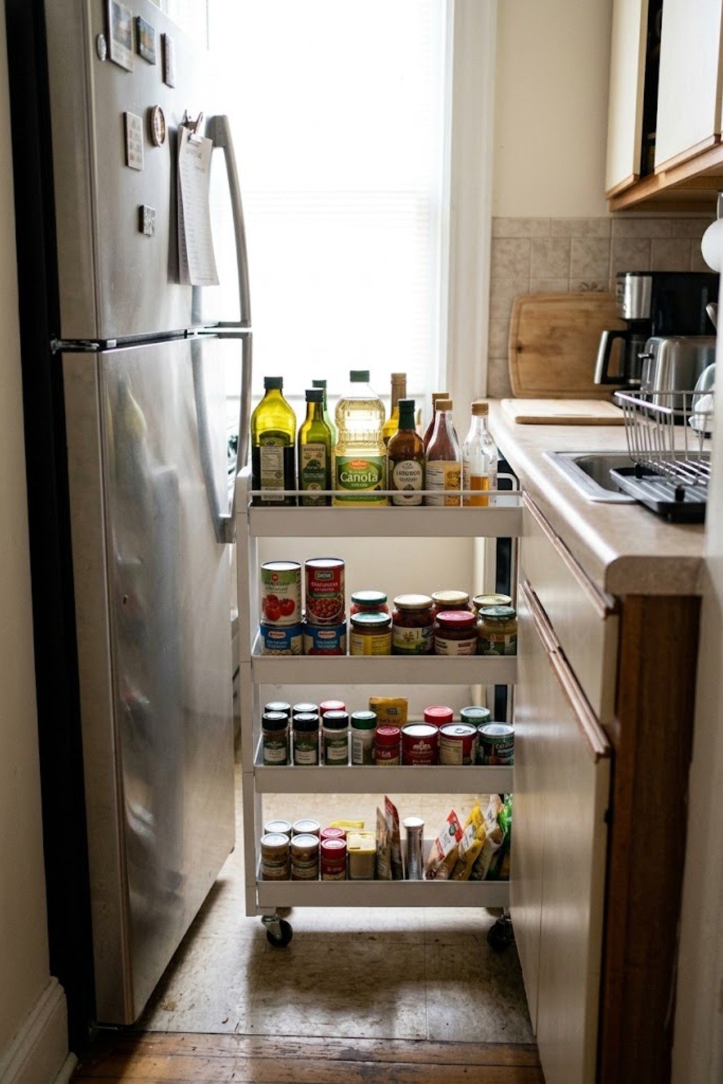 Slim rolling cart pulled out from beside a refrigerator