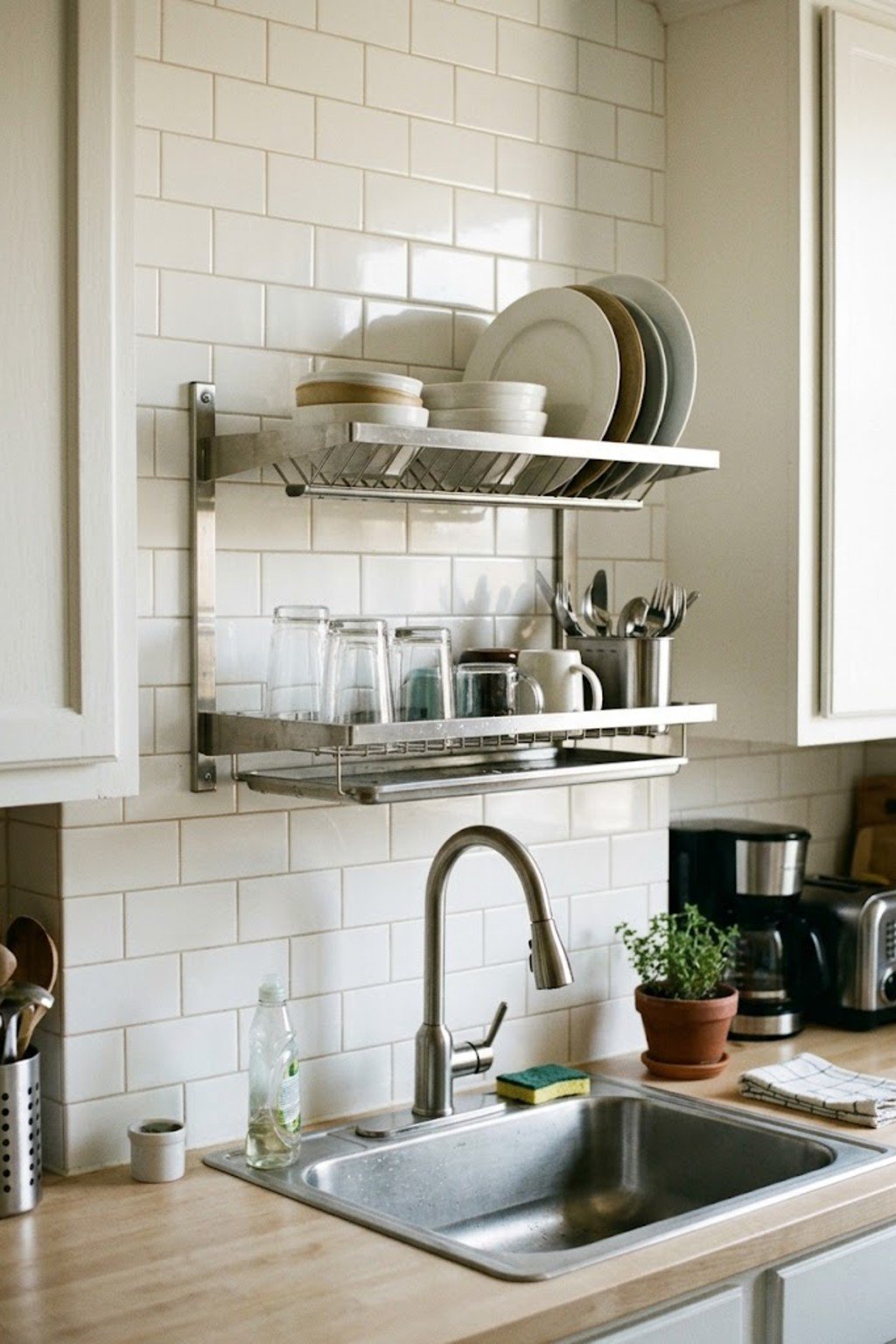 Stainless wall-mounted dish rack above a sink