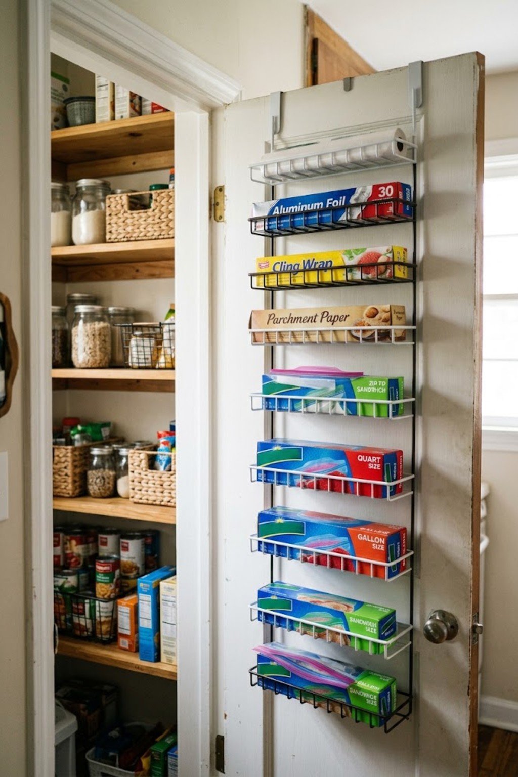 Over-door rack holding foil and wraps on a pantry door