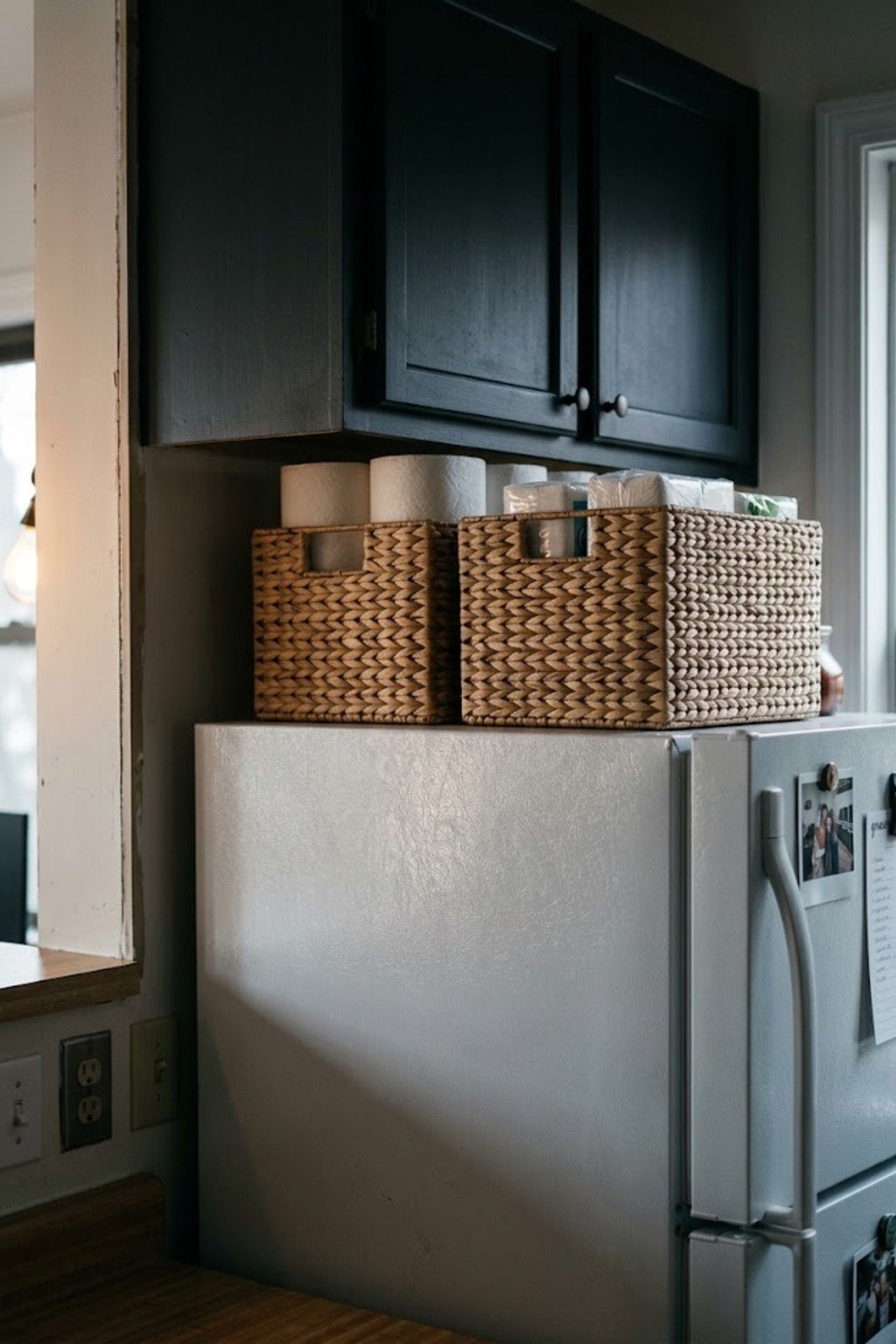 Two woven baskets neatly organized on top of a refrigerator
