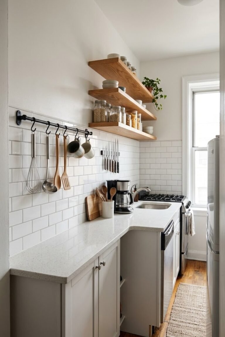 Small kitchen with a wall rail, knife strip and open shelves for vertical storage